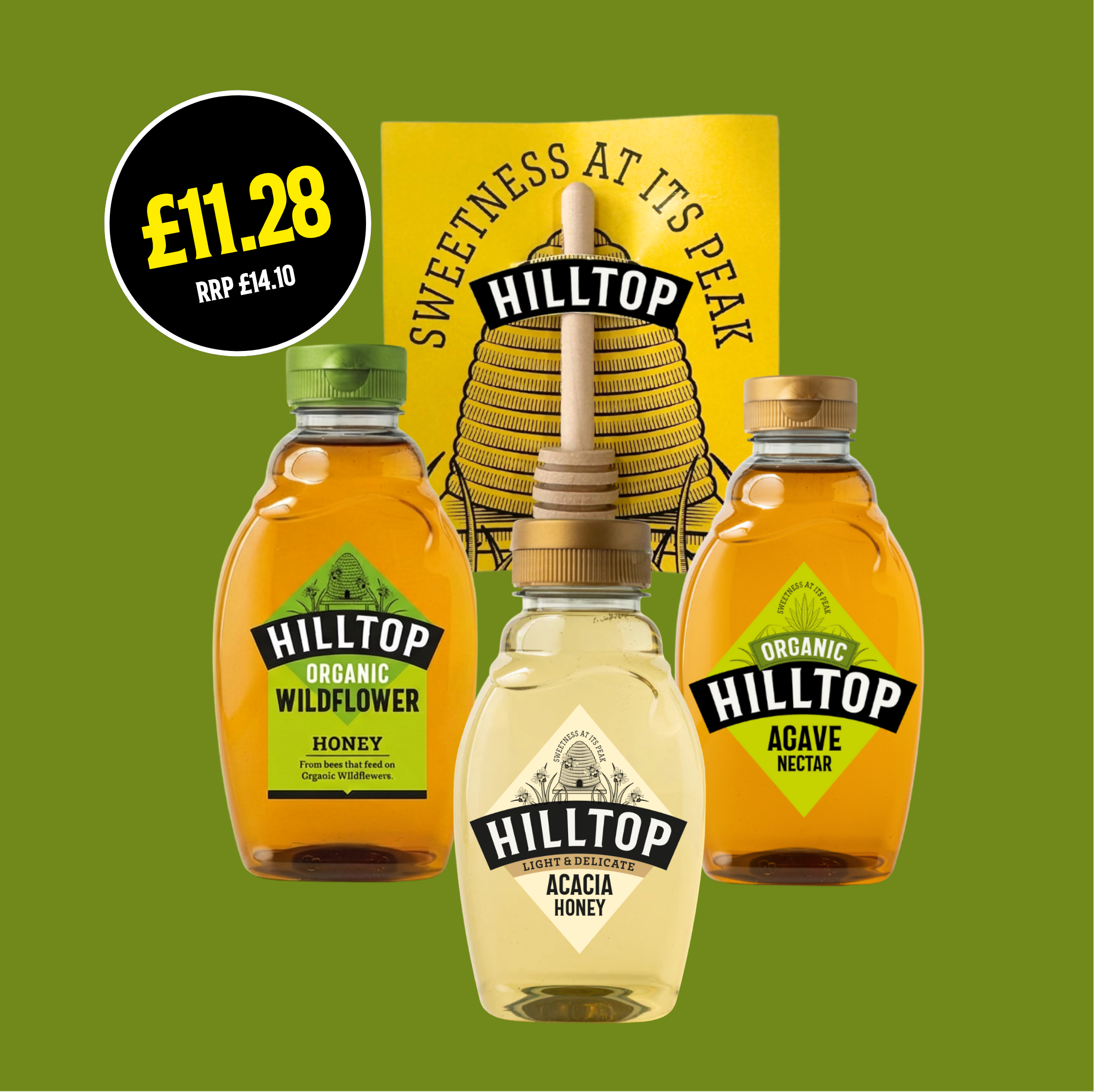 Three Organic Hilltop honey bottles and a honey dipper set 